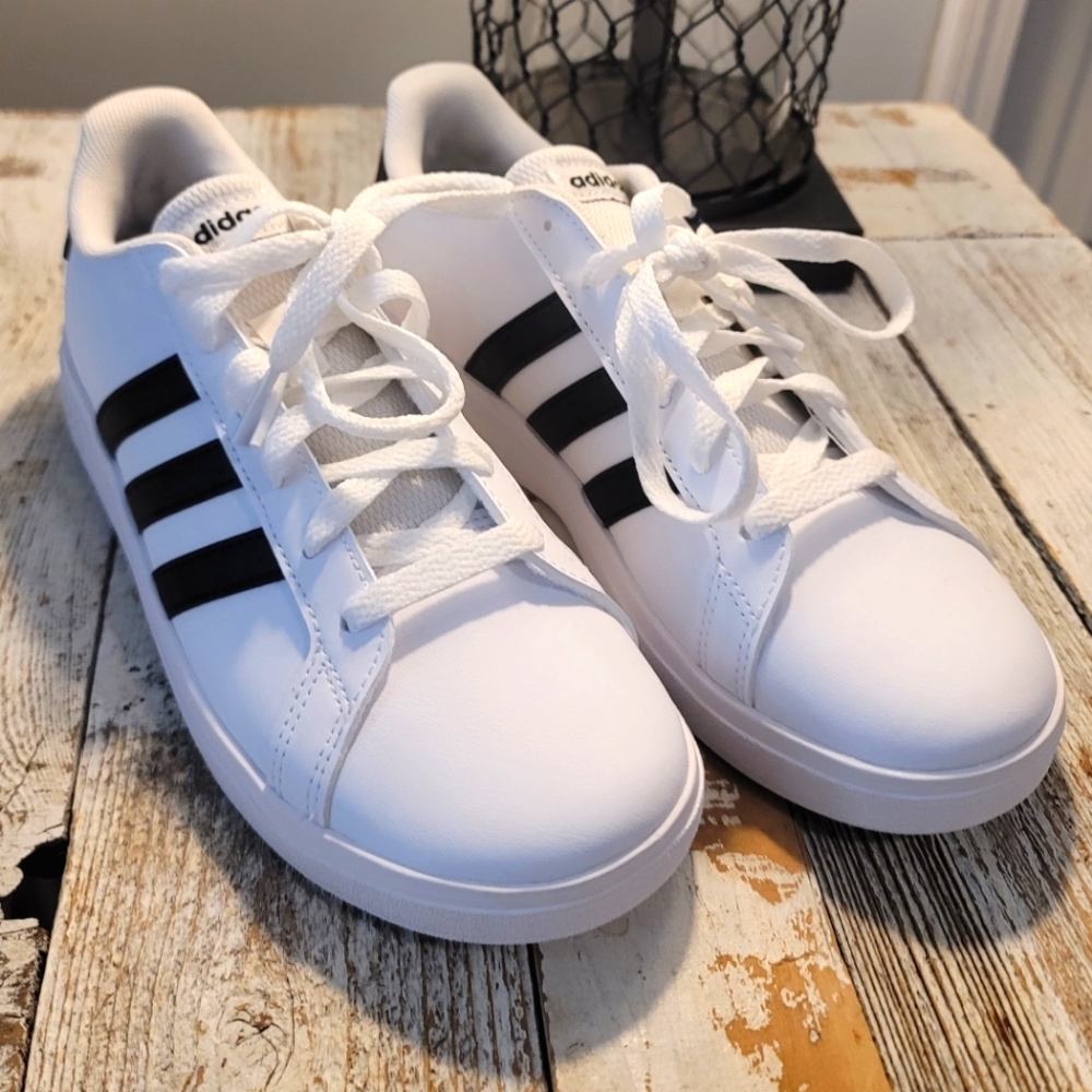 ADIDAS White with Black Stripes; Adidas Grand Court 2.0; Youth Size 5; NEW!!